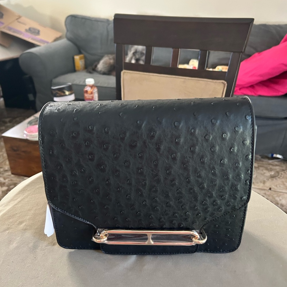 Elegant Black Vegan Leather Ostrich Finish Women's Clutch Bag Set